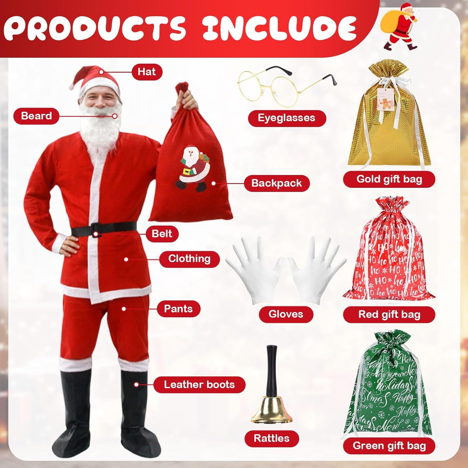 Men's 13-Piece Luxury Santa Claus Costume Set with Accessories for Christmas and Holiday Celebrations