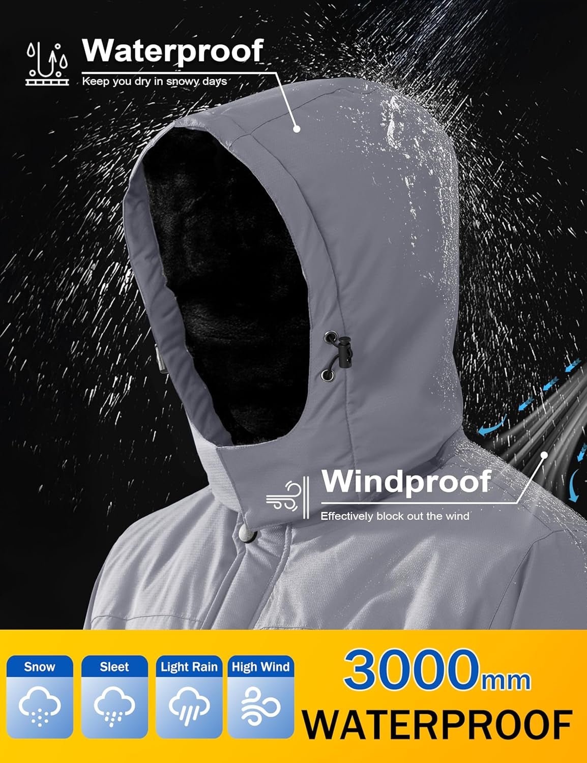 Men'S Waterproof Fleece Jackets Warm Ski Snow Winter Coat Windproof Mountain Jacket with Detachable Hood
