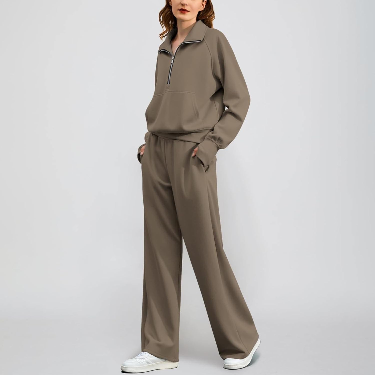 Women's Two-Piece Tracksuit Set: Oversized Long Sleeve Half-Zip Sweatshirt and Wide Leg Trousers for Casual and Activewear