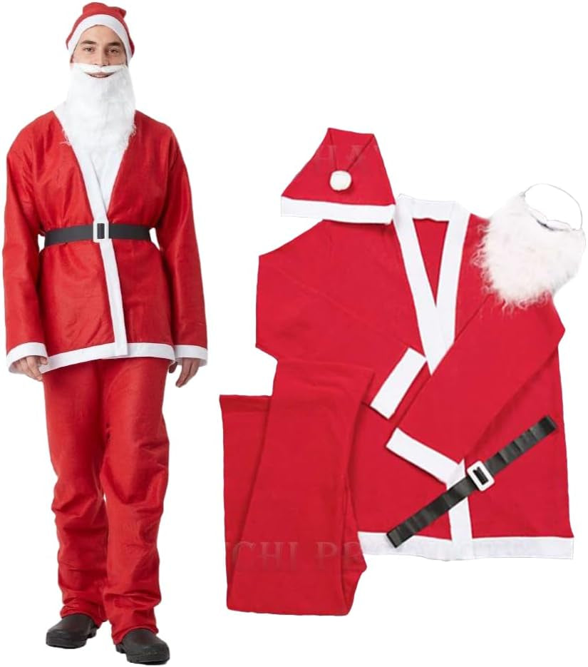 5-Piece Adult Santa Claus Costume Set for Men, Unisex Felt Cosplay Outfit for Christmas Celebrations, Red/White