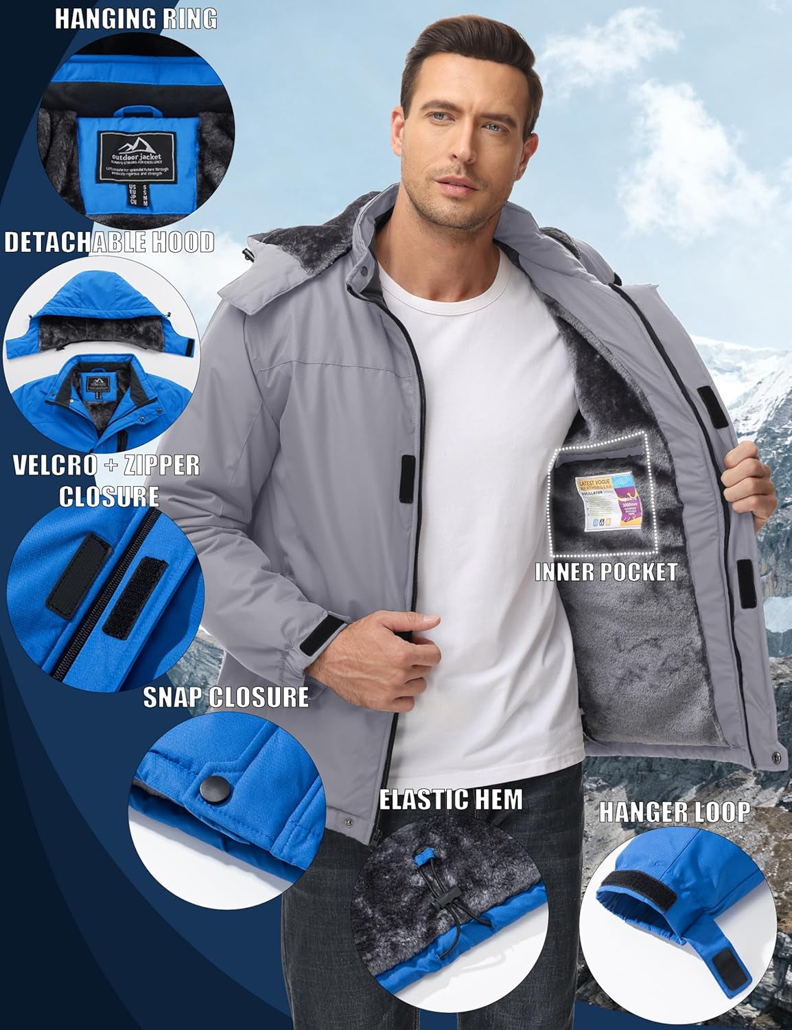 Men'S Waterproof Fleece Jackets Warm Ski Snow Winter Coat Windproof Mountain Jacket with Detachable Hood