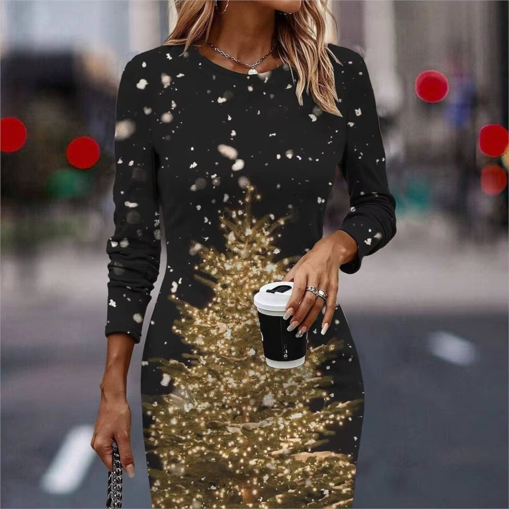 Women's Christmas Tree 3D Printed Slimming Mini Dress with Round Neck and Long Sleeves for Parties