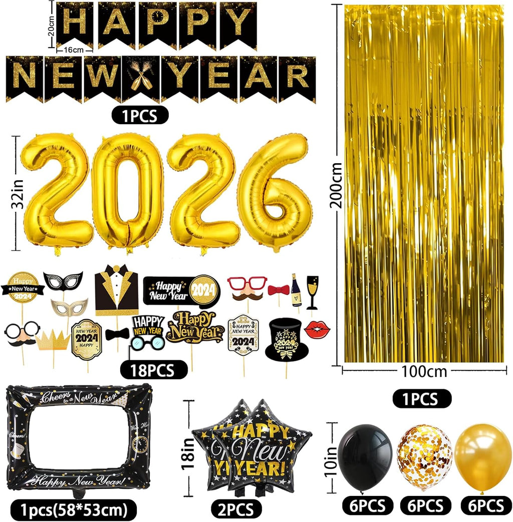 2026 New Year's Eve Celebration Decorations: Elegant Party Banners, Foil Balloons, and Photo Booth Props in Black and Gold