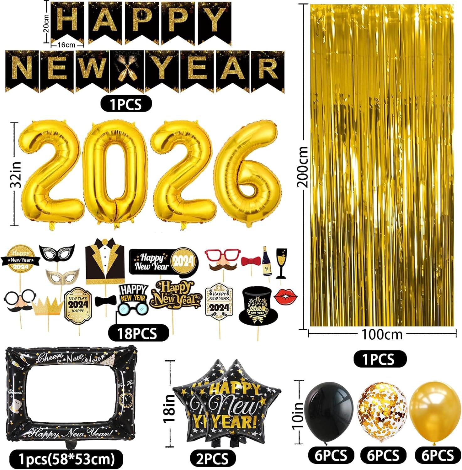 2026 New Year's Eve Celebration Decorations: Elegant Party Banners, Foil Balloons, and Photo Booth Props in Black and Gold