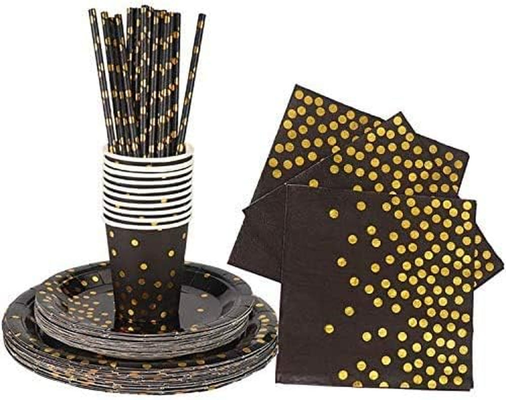 142-Piece Black and Gold Party Supplies Set, Featuring Golden Dot Dinnerware, Includes Black Paper Plates, Napkins, Cups, and Gold Cutlery for Graduation, Birthdays, and Cocktail Events
