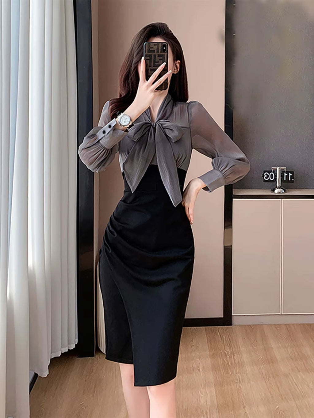 Elegant Midi Knot Wrap Bodycon Skirt with Pleated A-Line Design in Polyester Fiber for Autumn Wear