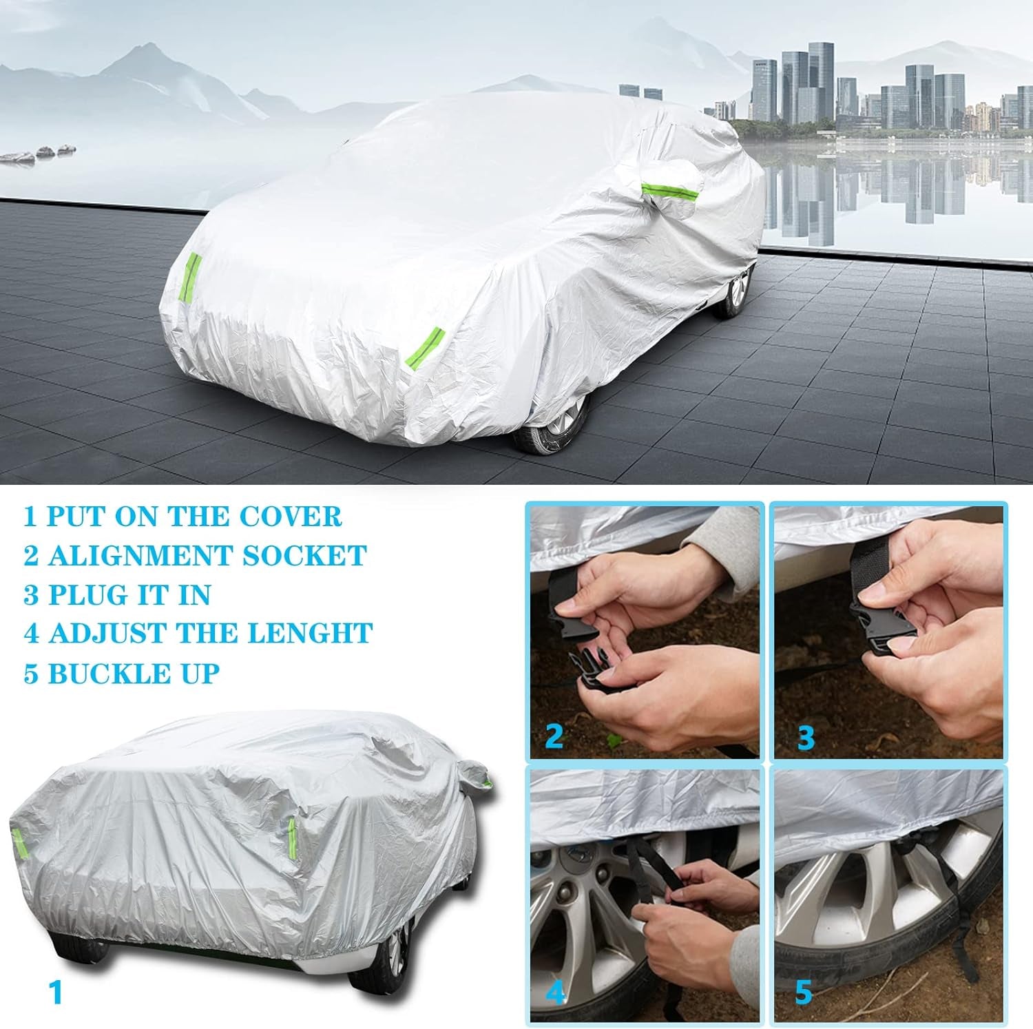 Universal Car Cover 190T Full Waterproof Breathable Scratch Rain Snow Heat Resistant with Mirror Pocket & Reflective Strips (For Sedan 137 to 157 Inch)