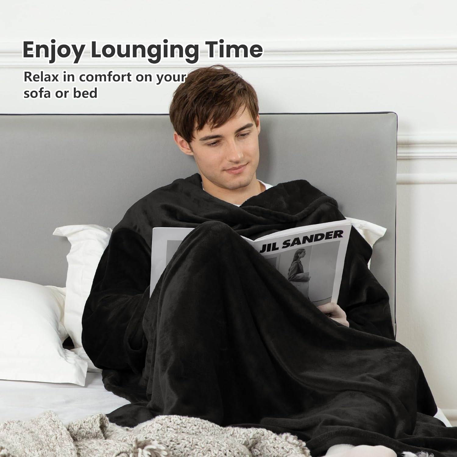 Wearable Blanket with Sleeves for Adults, Soft and Cozy Design with Elastic Cuffs and Hook and Loop Fastener (Black, 140x180cm)