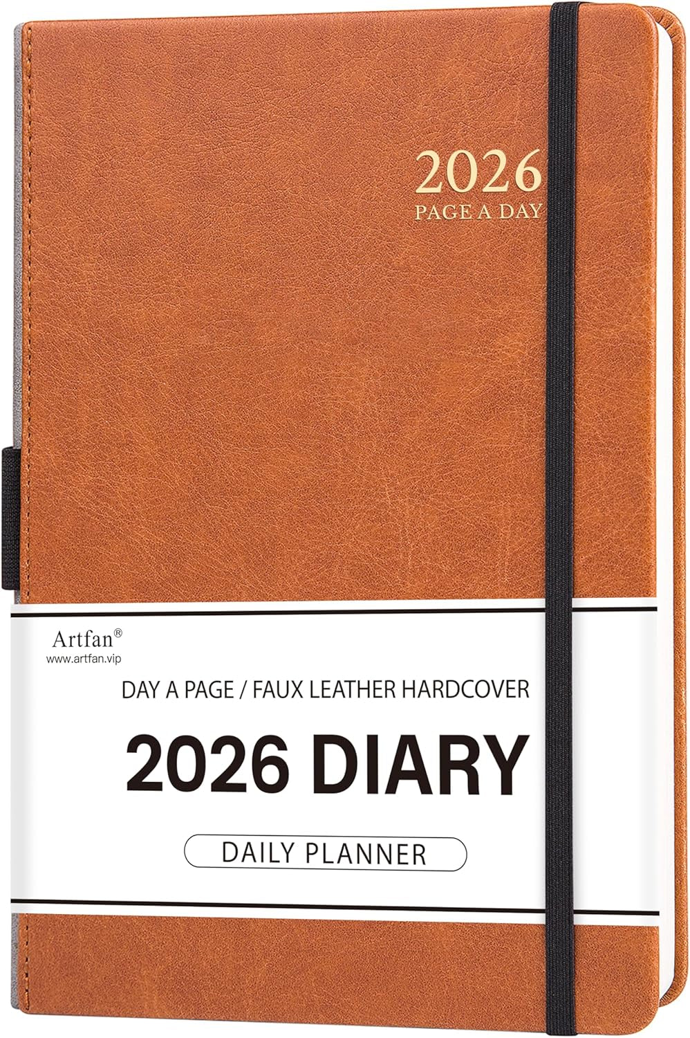 2026 A5 Daily Diary - Lined Page Per Day, January to December, Faux Leather Hardcover with Pen Loop and Elastic Closure, Brown