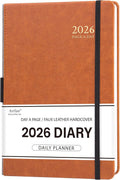 2026 A5 Daily Diary - Lined Page Per Day, January to December, Faux Leather Hardcover with Pen Loop and Elastic Closure, Brown