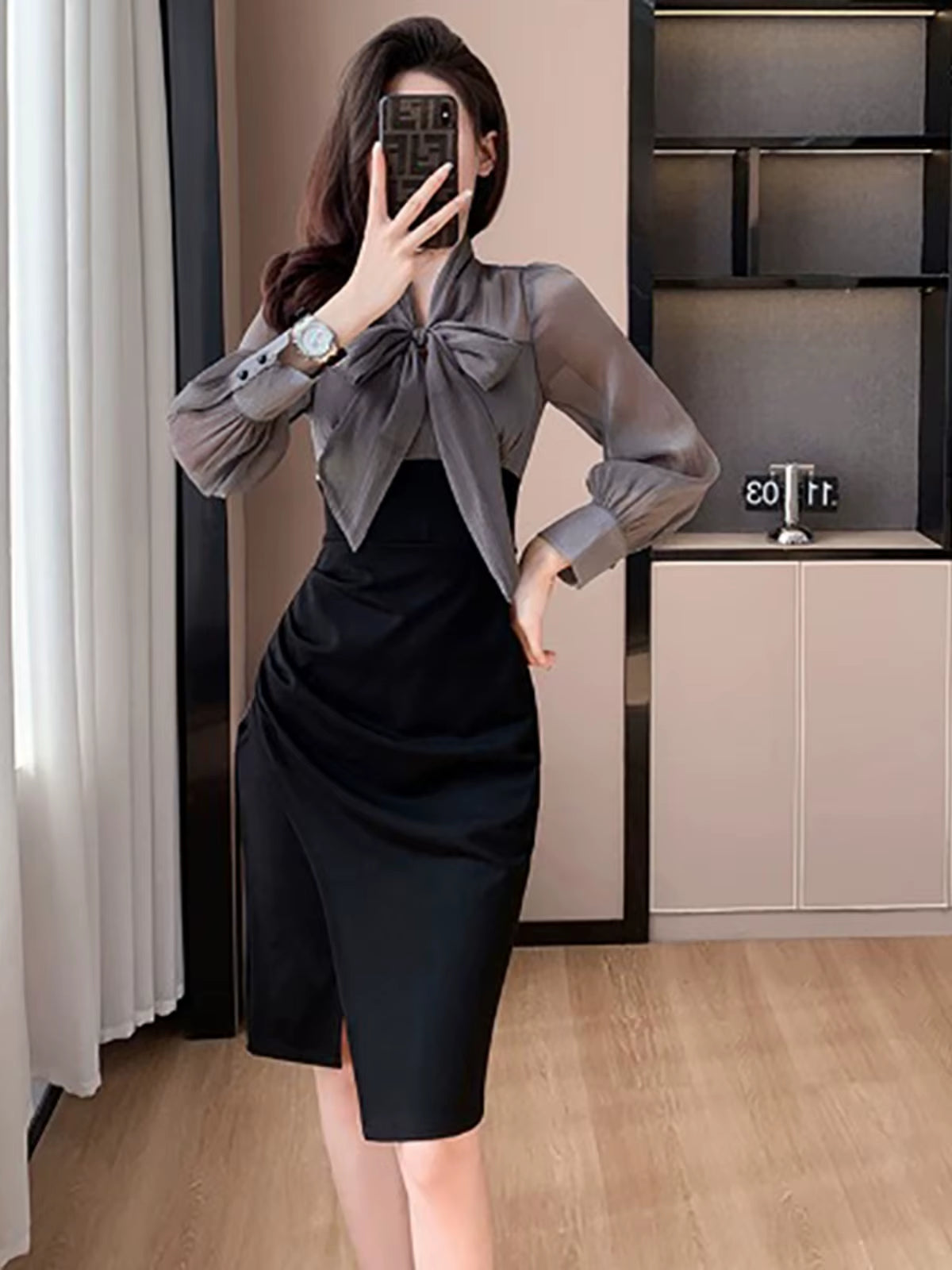 Elegant Midi Knot Wrap Bodycon Skirt with Pleated A-Line Design in Polyester Fiber for Autumn Wear