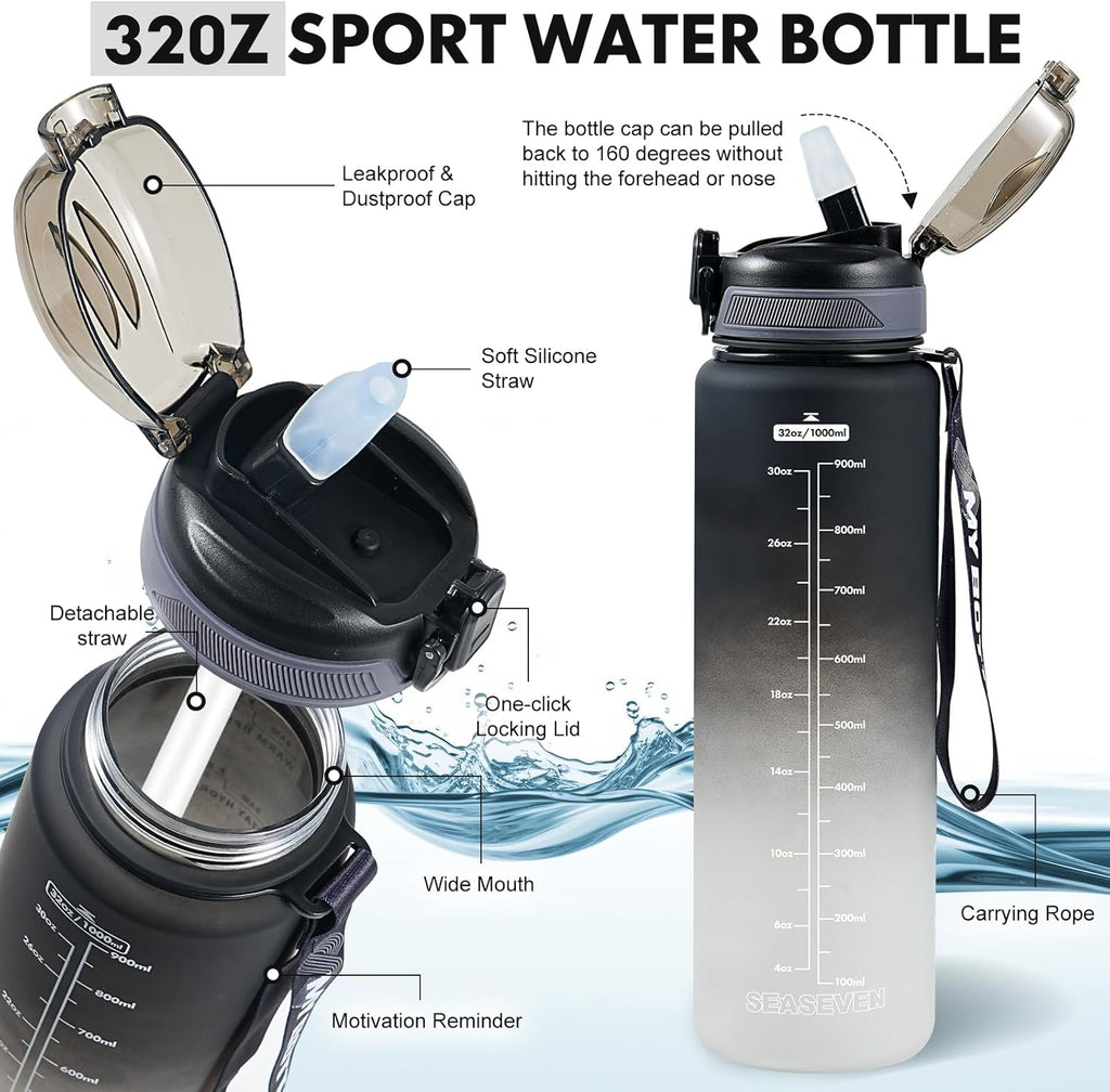 1L Water Bottle with Straw,Plastic Drinks Bottle,1 Litre Sports Water Bottles with Time Markings,Girls Boys Waterbottle Leak-Proof & Bpa-Free for Gym,Cycling, Office, Outdoor