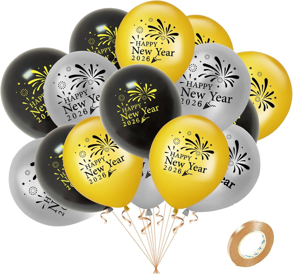 15-Piece Happy New Year 2026 Balloon Set for New Year's Eve Decorations (Black, Silver, Gold)