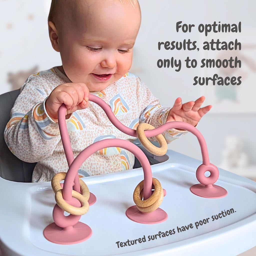 ® Teething Suction Toy – Wood & Silicone Baby Toys 0-6 Months, Sensory Toy for Early Development, Suction Teether for High Chair, Baby Gift for Boys and Girls - Blue