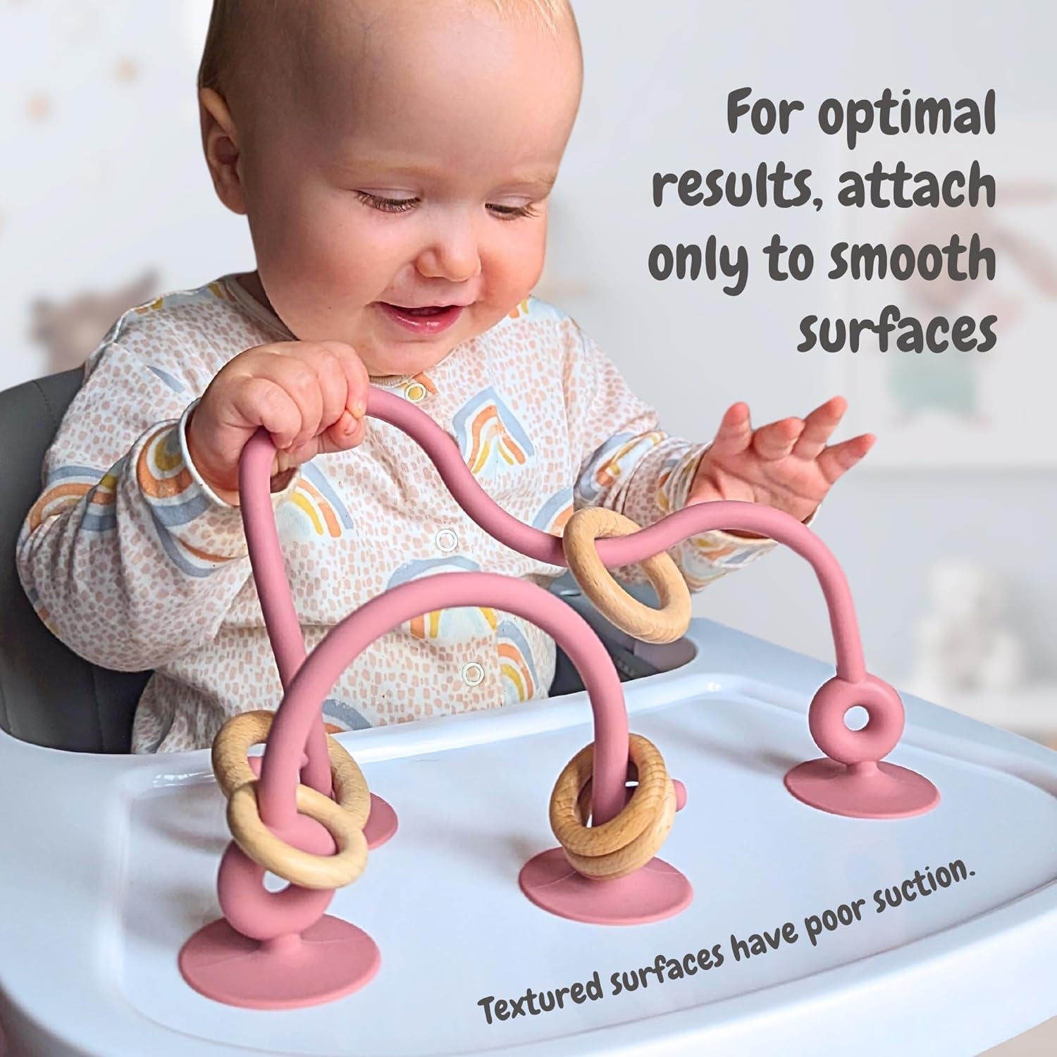 ® Teething Suction Toy – Wood & Silicone Baby Toys 0-6 Months, Sensory Toy for Early Development, Suction Teether for High Chair, Baby Gift for Boys and Girls - Blue