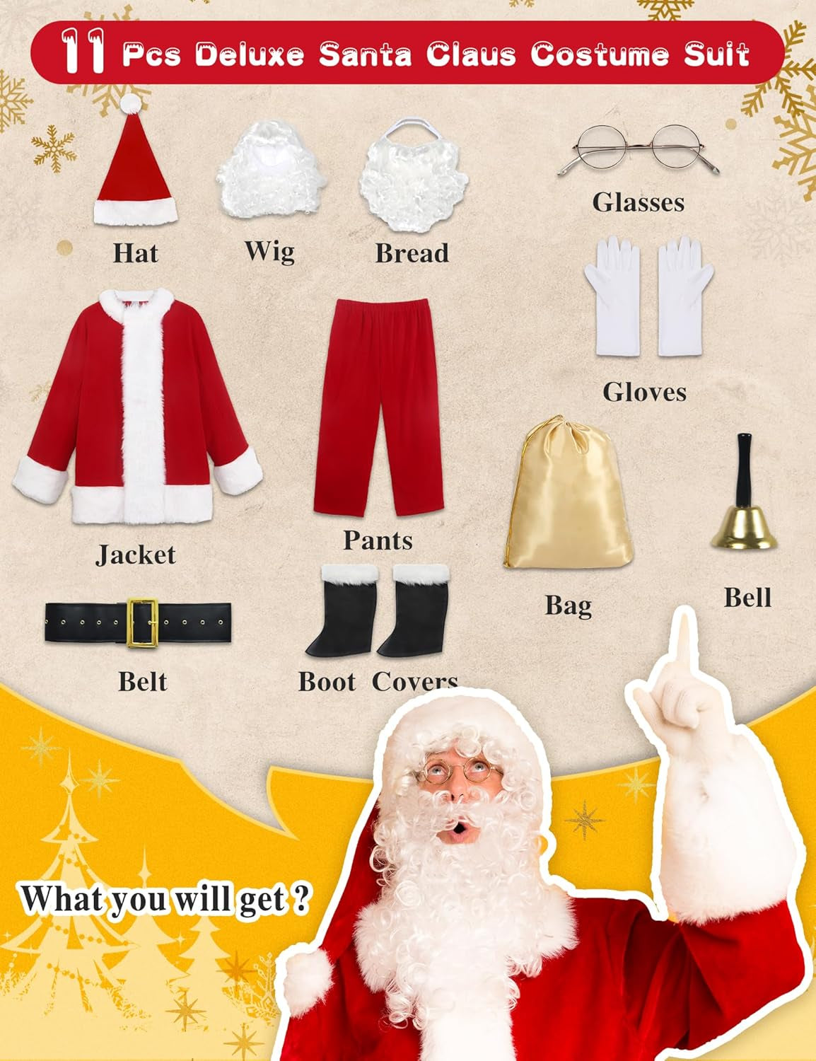Deluxe Santa Claus Costume for Men - 11-Piece Holiday Outfit for Christmas Parties and Cosplay