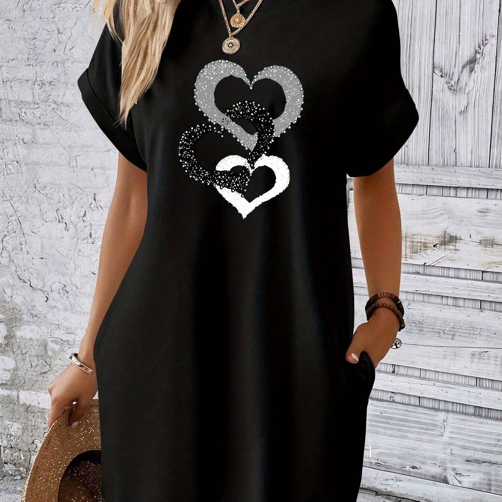 Women'S Heart-Shaped Printed Pocket Dress, Casual round Neck Short Sleeved Dress for Spring and Summer Women'S Wear