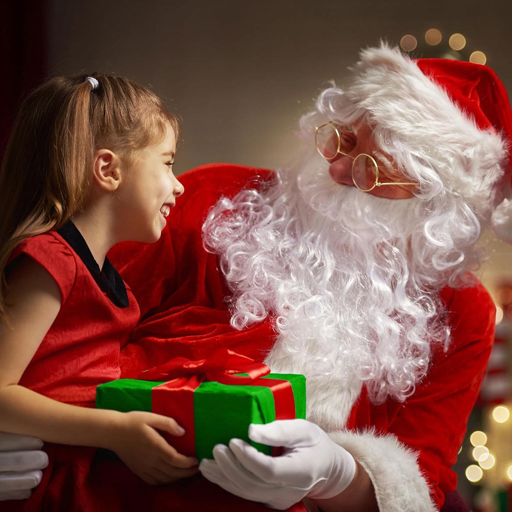 Santa Claus Accessory Set - 3 Piece Eyebrows, Glasses, and Gloves for Christmas Cosplay (White)