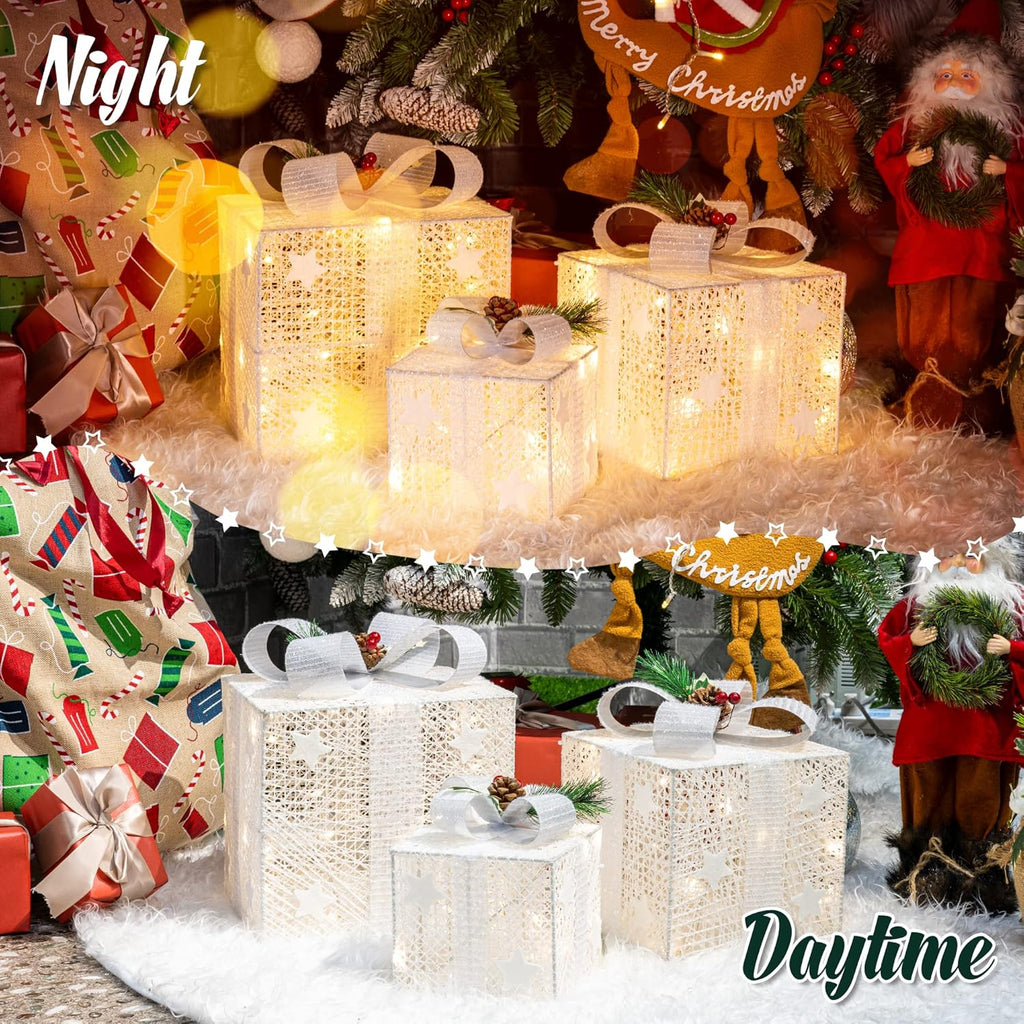 Set of 3 Christmas Lighted Gift Boxes, 60 LED Light up Present Boxes, 8 Modes Christmas Parcels Lights with Bow for Party, Home, Tree Decoration (White)