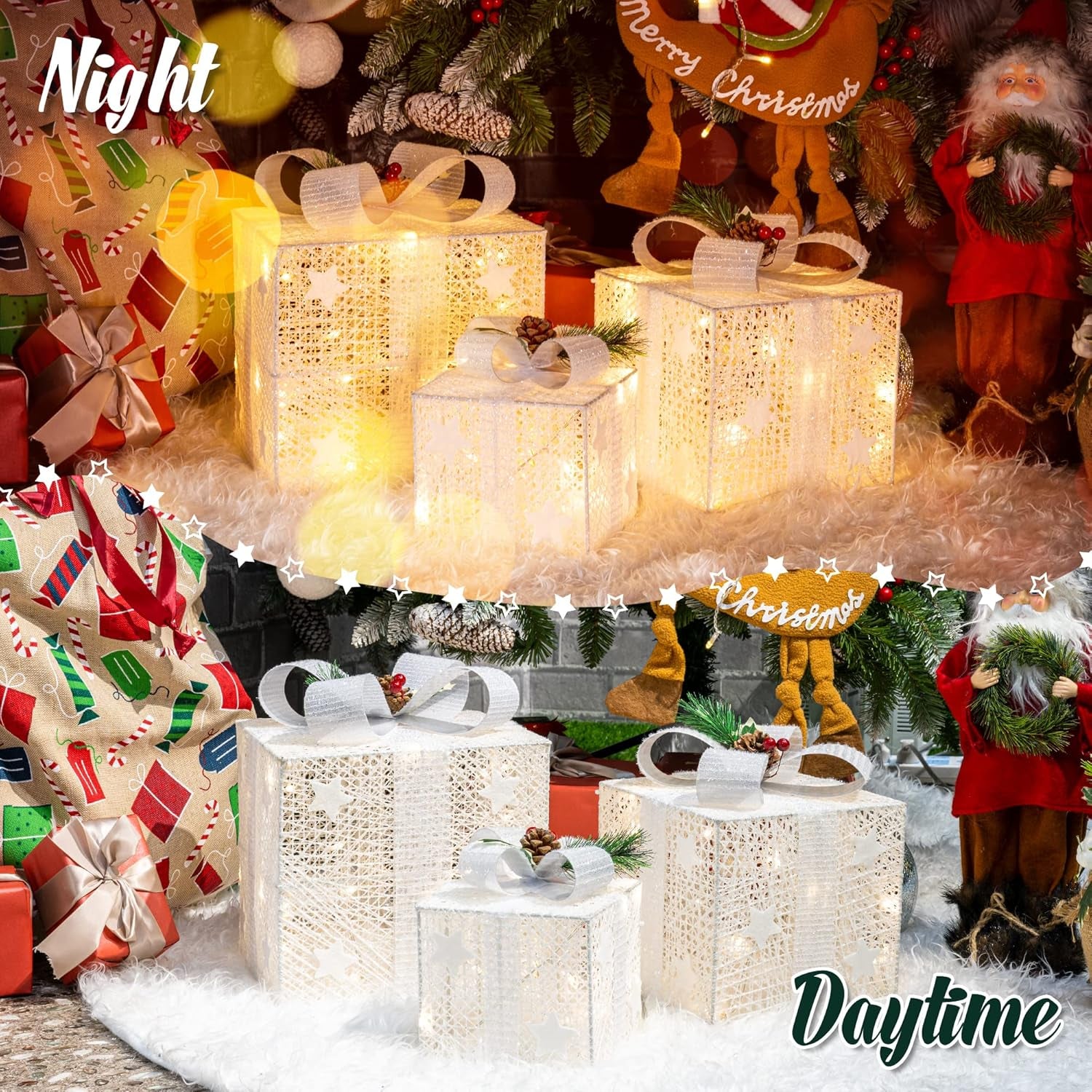 Set of 3 Christmas Lighted Gift Boxes, 60 LED Light up Present Boxes, 8 Modes Christmas Parcels Lights with Bow for Party, Home, Tree Decoration (White)