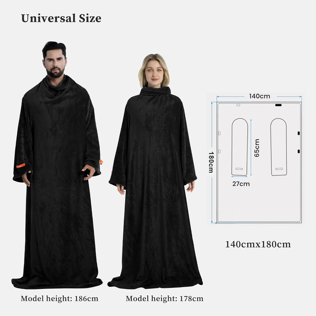 Wearable Blanket with Sleeves for Adults, Soft and Cozy Design with Elastic Cuffs and Hook and Loop Fastener (Black, 140x180cm)