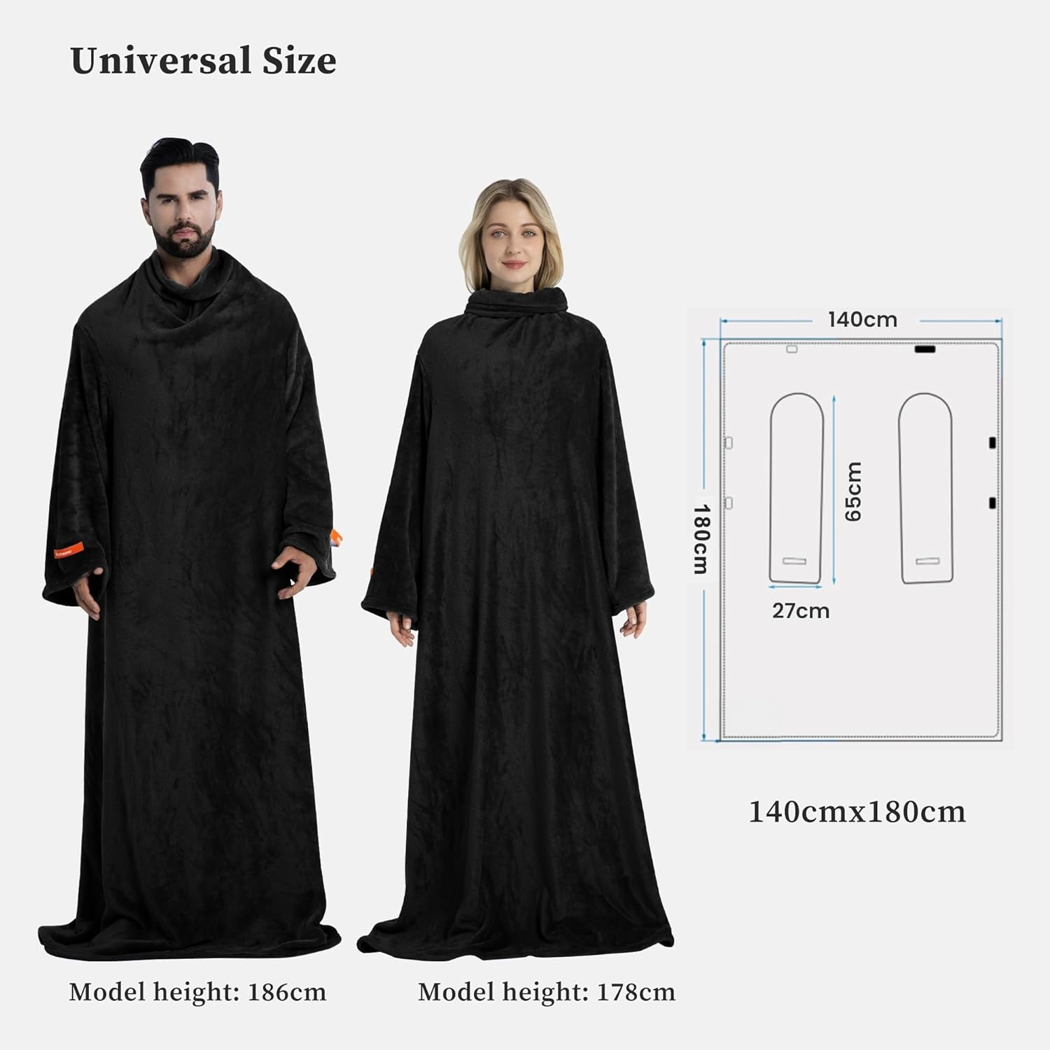 Wearable Blanket with Sleeves for Adults, Soft and Cozy Design with Elastic Cuffs and Hook and Loop Fastener (Black, 140x180cm)