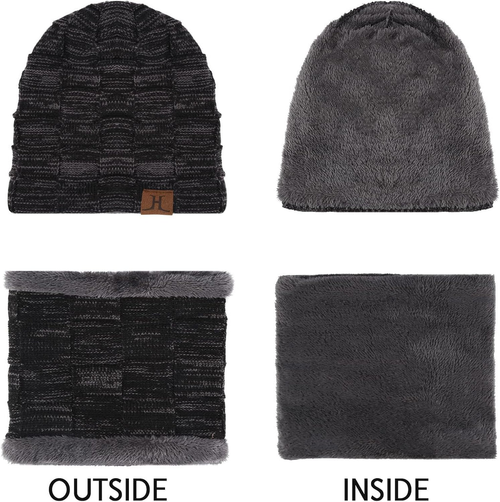 Men's Winter Beanie and Scarf Set - Warm Knit Skull Cap and Fleece-Lined Neck Warmer, Ideal Gift for Him and Her