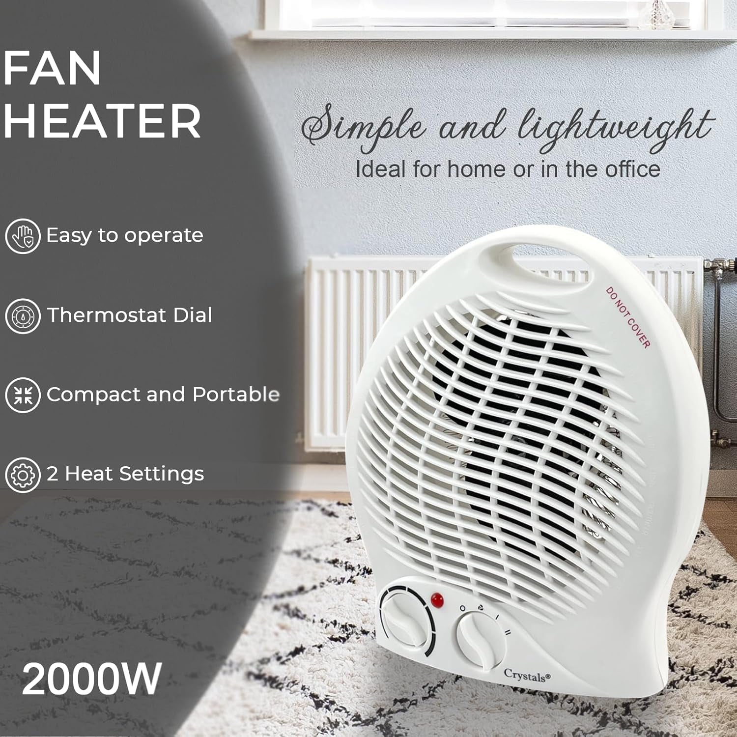 Portable Electric Fan Heater | Energy-Efficient 2KW with Dual Heat Settings & Overheat Protection | Adjustable Thermostat & Quiet Operation | Perfect for Office & Indoor Use