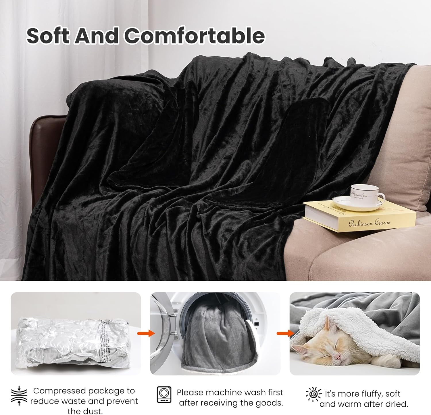 Wearable Blanket with Sleeves for Adults, Soft and Cozy Design with Elastic Cuffs and Hook and Loop Fastener (Black, 140x180cm)