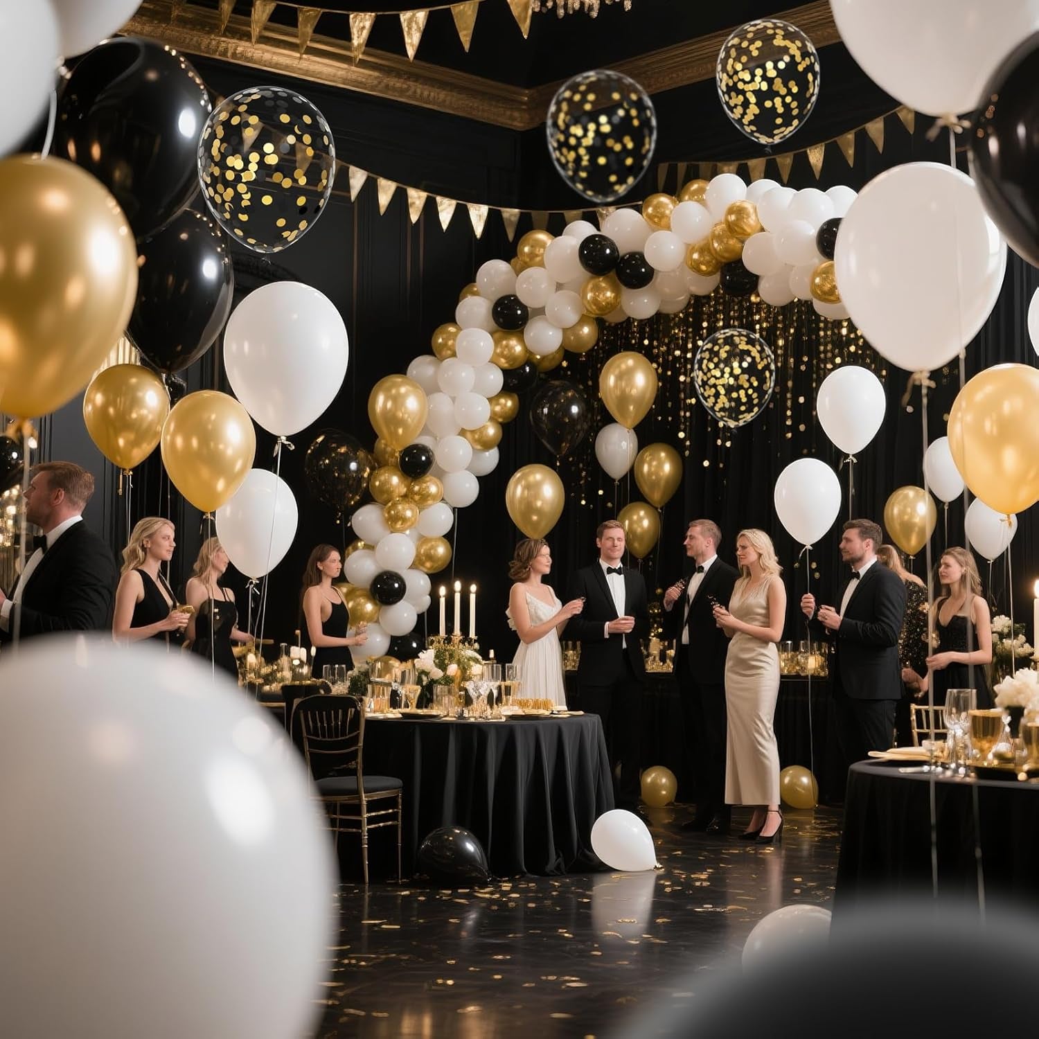 68-Piece Elegant Balloon Set in Black, White, and Gold with 12-Inch Black and Gold Confetti Balloons for Graduation, Birthday, and Wedding Celebrations