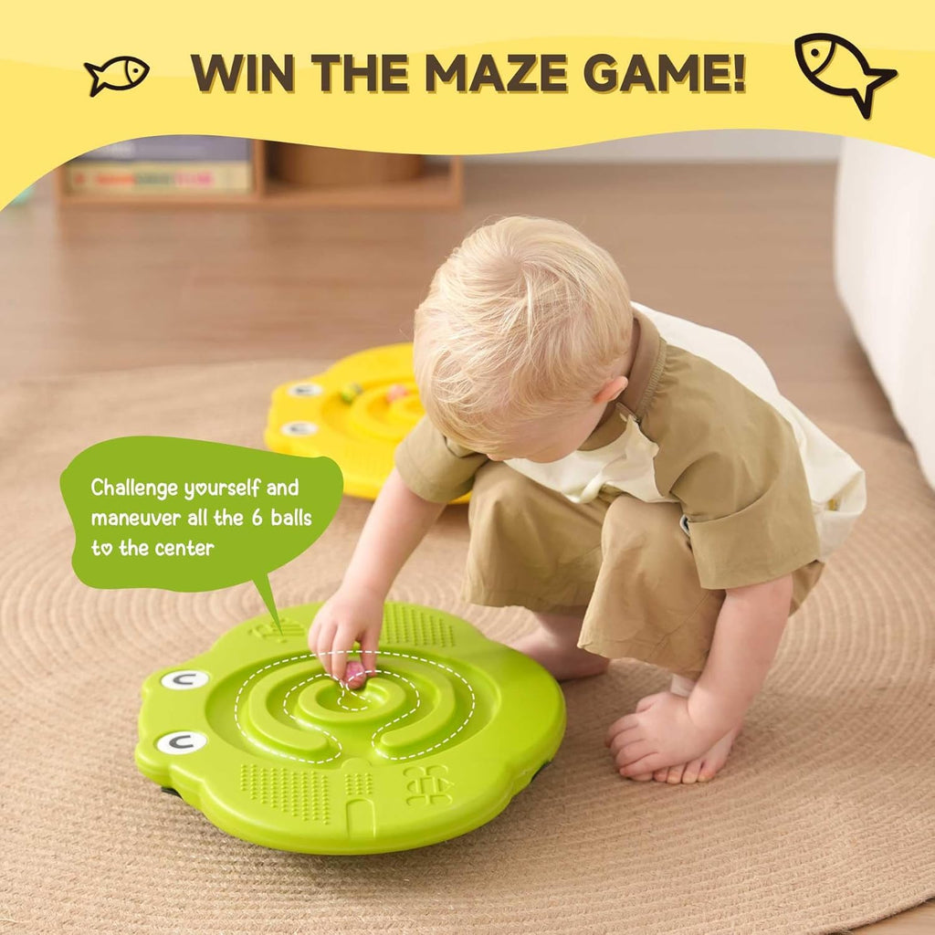 Wobble Balance Board for Kids-Yellow Frog Design with Maze Track & Balls| Dual-Sided Sensory Rocker Board| Non-Slip Tactile Surface|100Kg Weight Limit| Safe Toy for Toddlers & Parent-Child Play