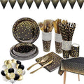 142-Piece Black and Gold Party Supplies Set, Featuring Golden Dot Dinnerware, Includes Black Paper Plates, Napkins, Cups, and Gold Cutlery for Graduation, Birthdays, and Cocktail Events
