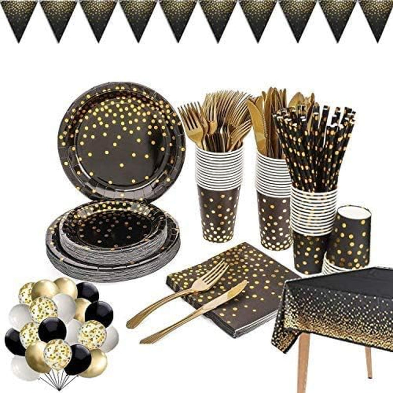 142-Piece Black and Gold Party Supplies Set, Featuring Golden Dot Dinnerware, Includes Black Paper Plates, Napkins, Cups, and Gold Cutlery for Graduation, Birthdays, and Cocktail Events