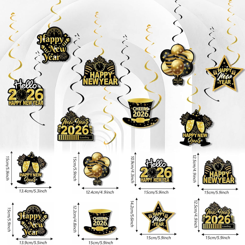 2026 New Year Celebration Banner Set - Black and Gold Glitter Hanging Decorations with Swirls for Photo Booth Backgrounds and Party Supplies