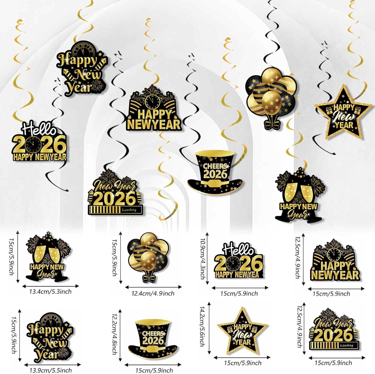 2026 New Year Celebration Banner Set - Black and Gold Glitter Hanging Decorations with Swirls for Photo Booth Backgrounds and Party Supplies