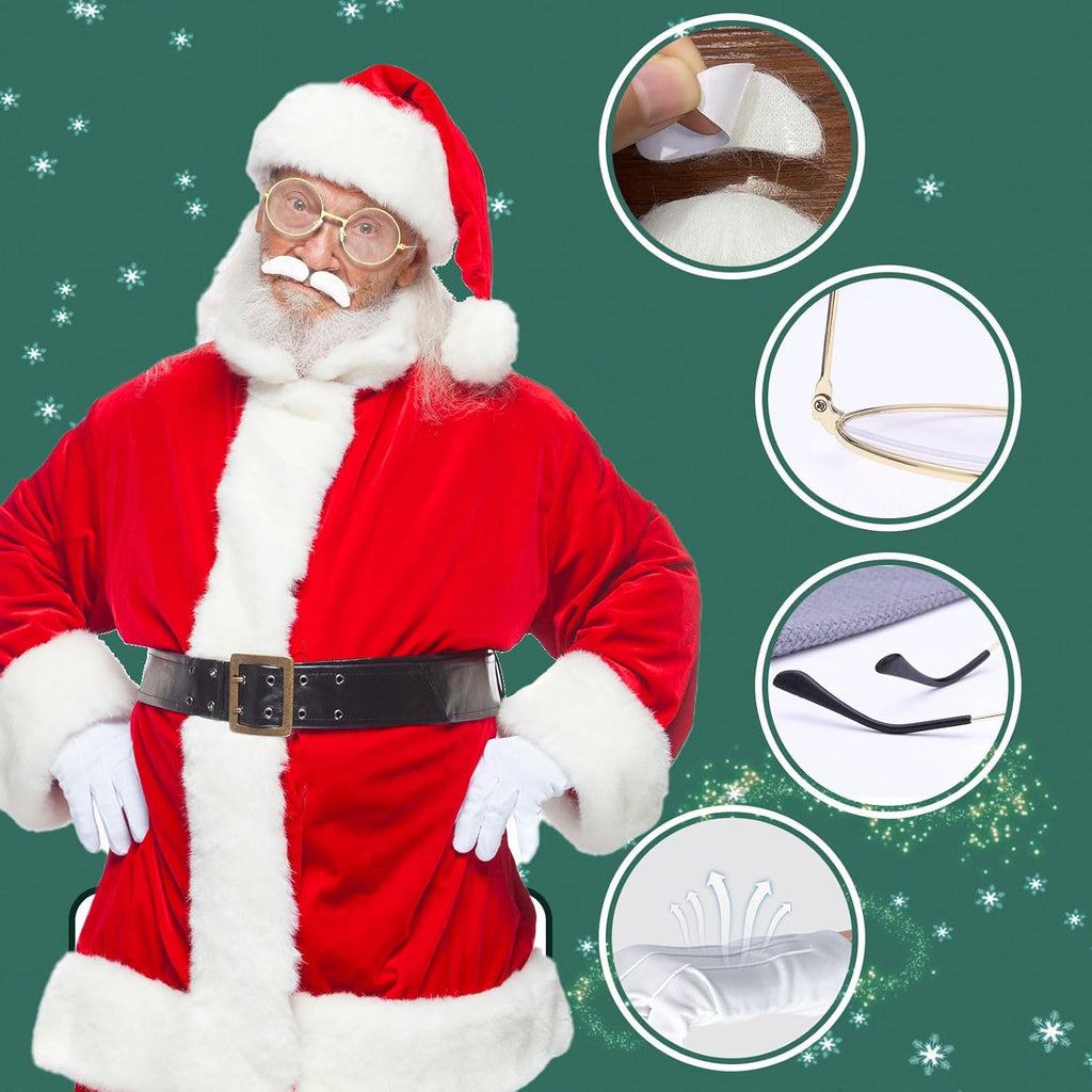 Santa Claus Accessory Set - 3 Piece Eyebrows, Glasses, and Gloves for Christmas Cosplay (White)