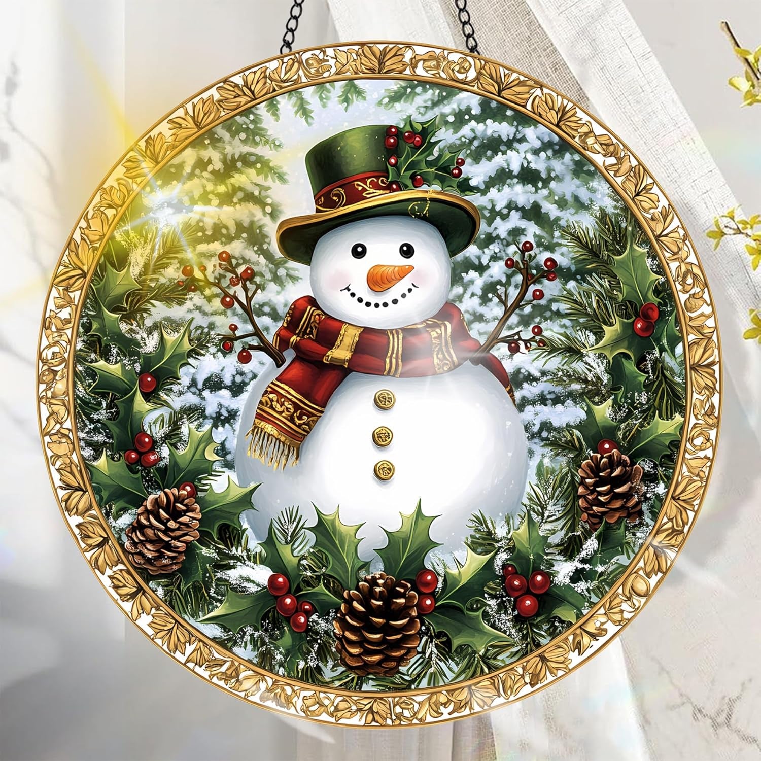 Colorful Acrylic Suncatcher, Christmas Hanging Window Decor with Printed Stained Glass Style Design Sun Catcher, Rainbow Maker Wall Art, Gift Idea & Garden Ornament Indoor Outdoor Use 7.8 X 7.8 Inch