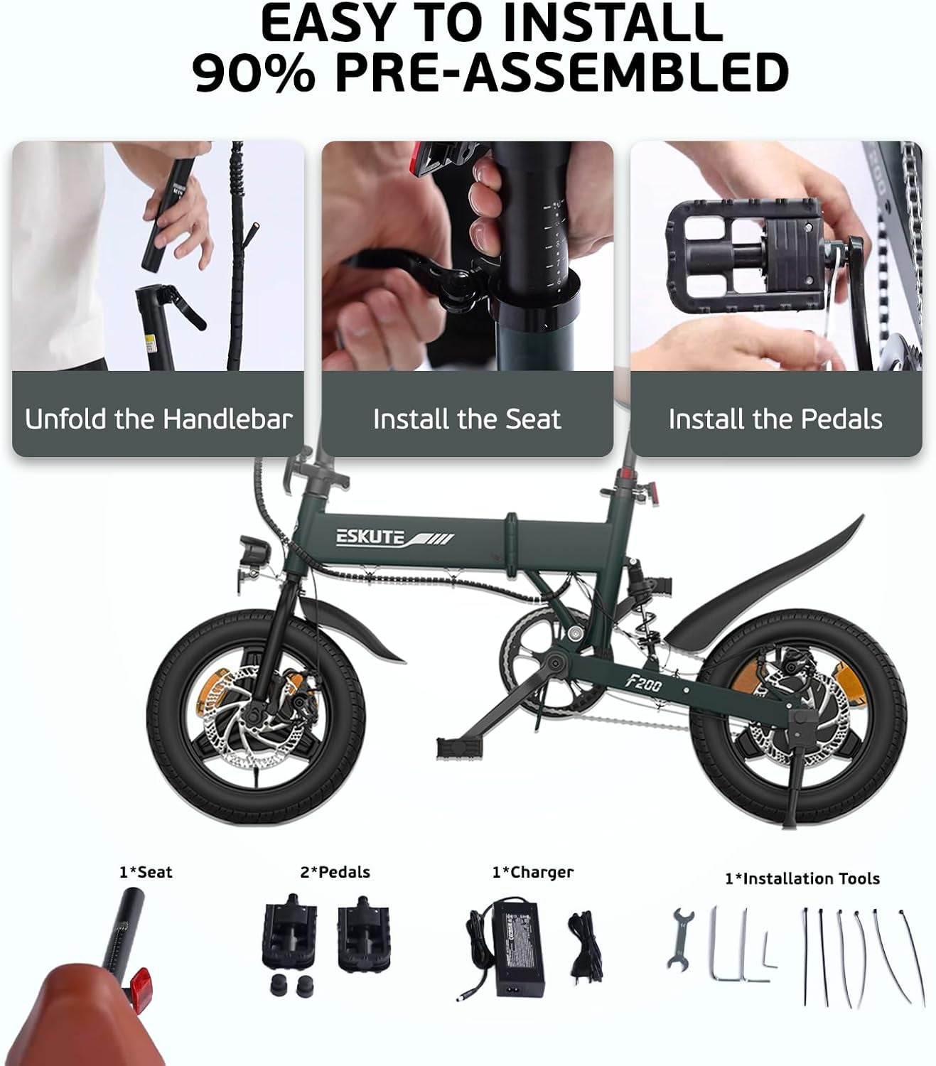 F200 Electric Folding Bicycle - 14" Commuter Ebike with 36V 7.8Ah Battery, 30-Mile Range, Phone Holder, USB Port, and LCD Display, Ideal for Teens and Adults