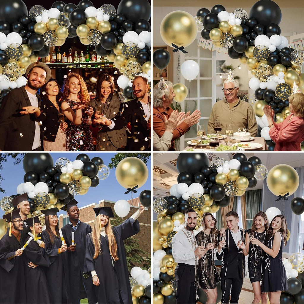 Elegant Black and Gold Balloon Garland Arch Kit with Star Foil Balloons for New Year's Eve, Graduation, Anniversary, and Birthday Celebrations