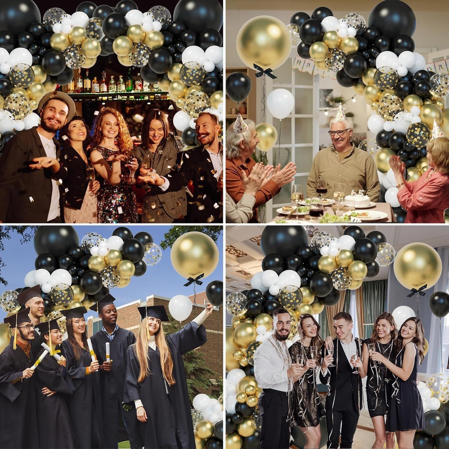 Elegant Black and Gold Balloon Garland Arch Kit with Star Foil Balloons for New Year's Eve, Graduation, Anniversary, and Birthday Celebrations