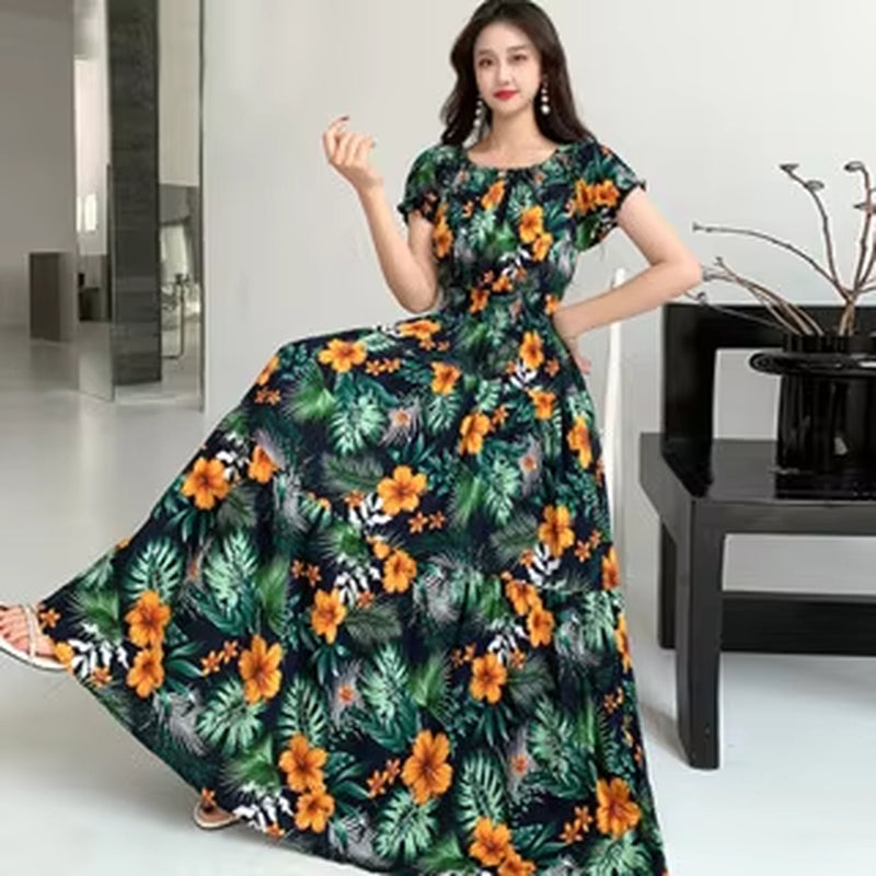 Summer Dress Women Cotton Linen Floral Vintage Oversized Korean Vestido Feminino Print Robe Off-Shoulder Casual Dresses