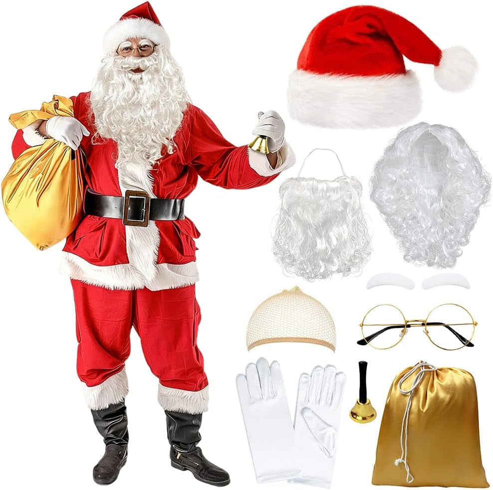 Santa Claus Costume Accessories, 8 PCS Father Christmas Fancy Dress, Father Christmas Costum with Hat Wig Beard Gloves Glasses Eyebrows Santa Sack Bell, Christma-S Santa Costume Set for Christma-S
