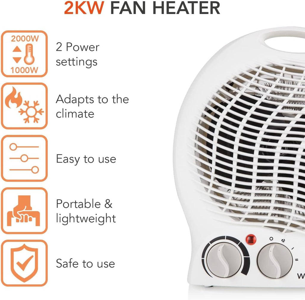 WL44002 Thermo Fan Heater with 2 Heat Settings and Overheat Protection, 2000W, White