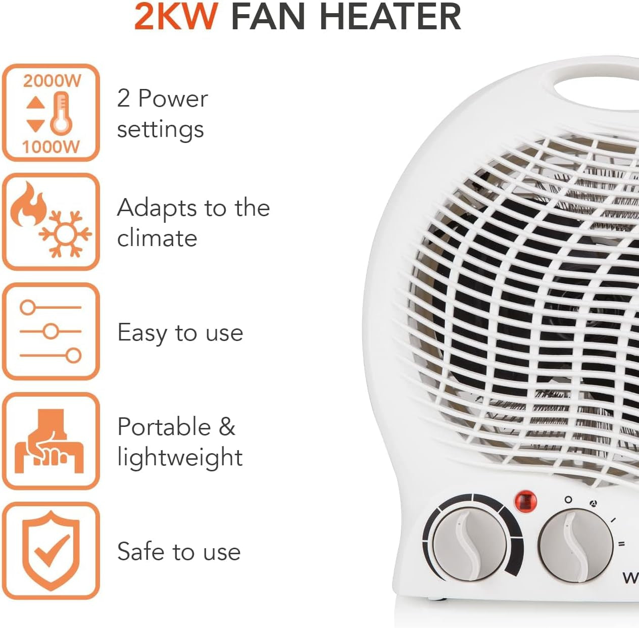 WL44002 Thermo Fan Heater with 2 Heat Settings and Overheat Protection, 2000W, White
