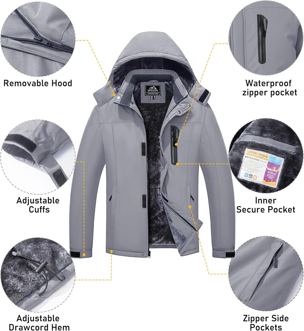 Men'S Waterproof Fleece Jackets Warm Ski Snow Winter Coat Windproof Mountain Jacket with Detachable Hood