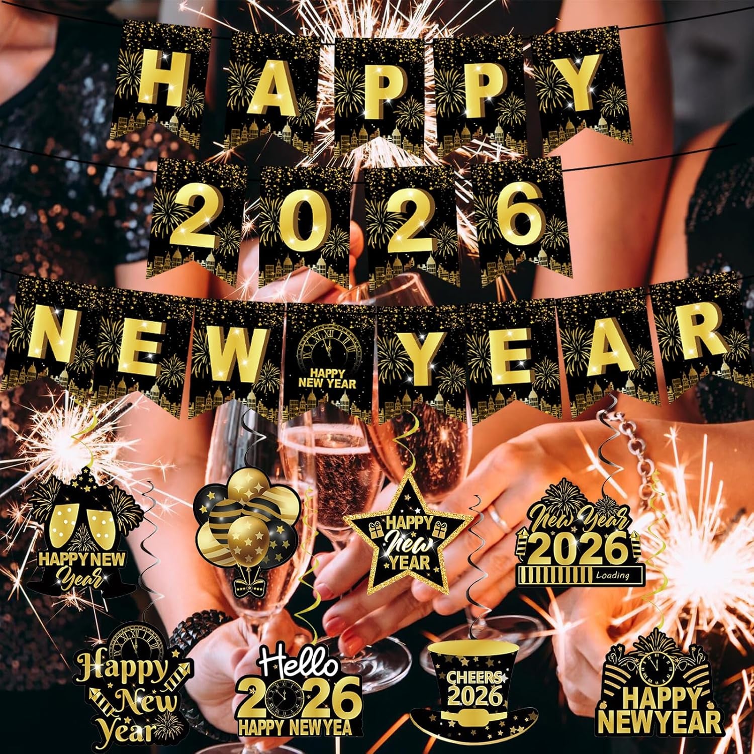 2026 New Year Celebration Banner Set - Black and Gold Glitter Hanging Decorations with Swirls for Photo Booth Backgrounds and Party Supplies