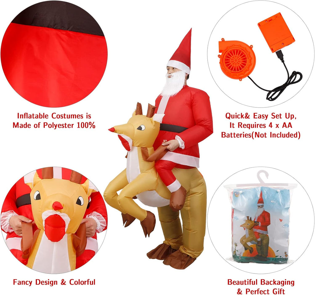 Adult Christmas Inflatable Santa Claus Costume with Reindeer Ride-On Suit for Holiday Events and Parties