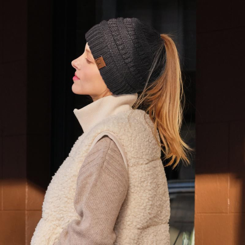 C.C Women’S Ponytail Beanie Tail Hat – Chic & Cozy Knit Winter Hat with High Ponytail Opening, Fashionable Warm Headwear for Fall & Winter