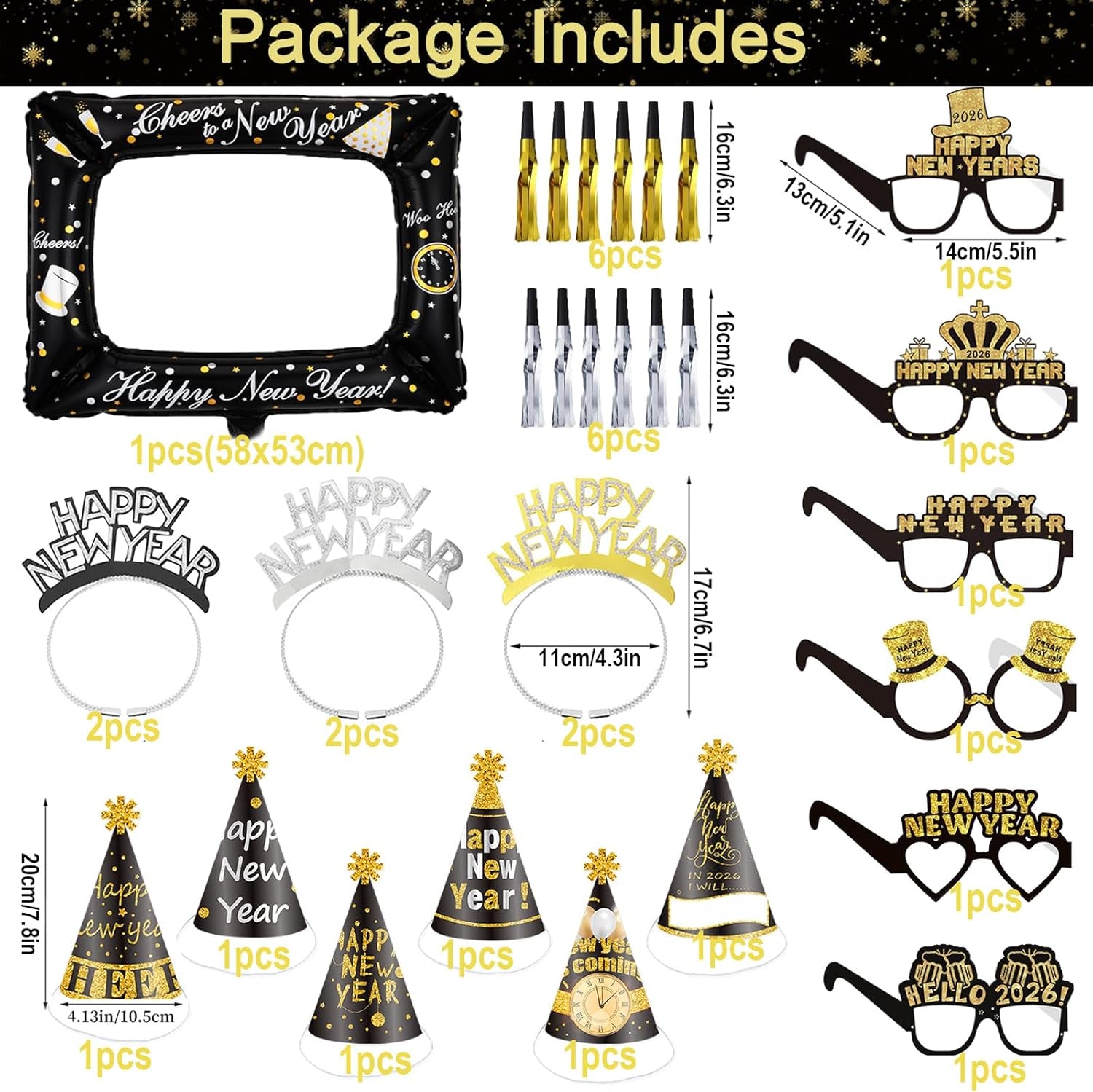 2026 New Year's Eve Party Decorations and Accessories: Hats, Headbands, Photo Booth Props, Paper Eyeglasses, and Blowouts