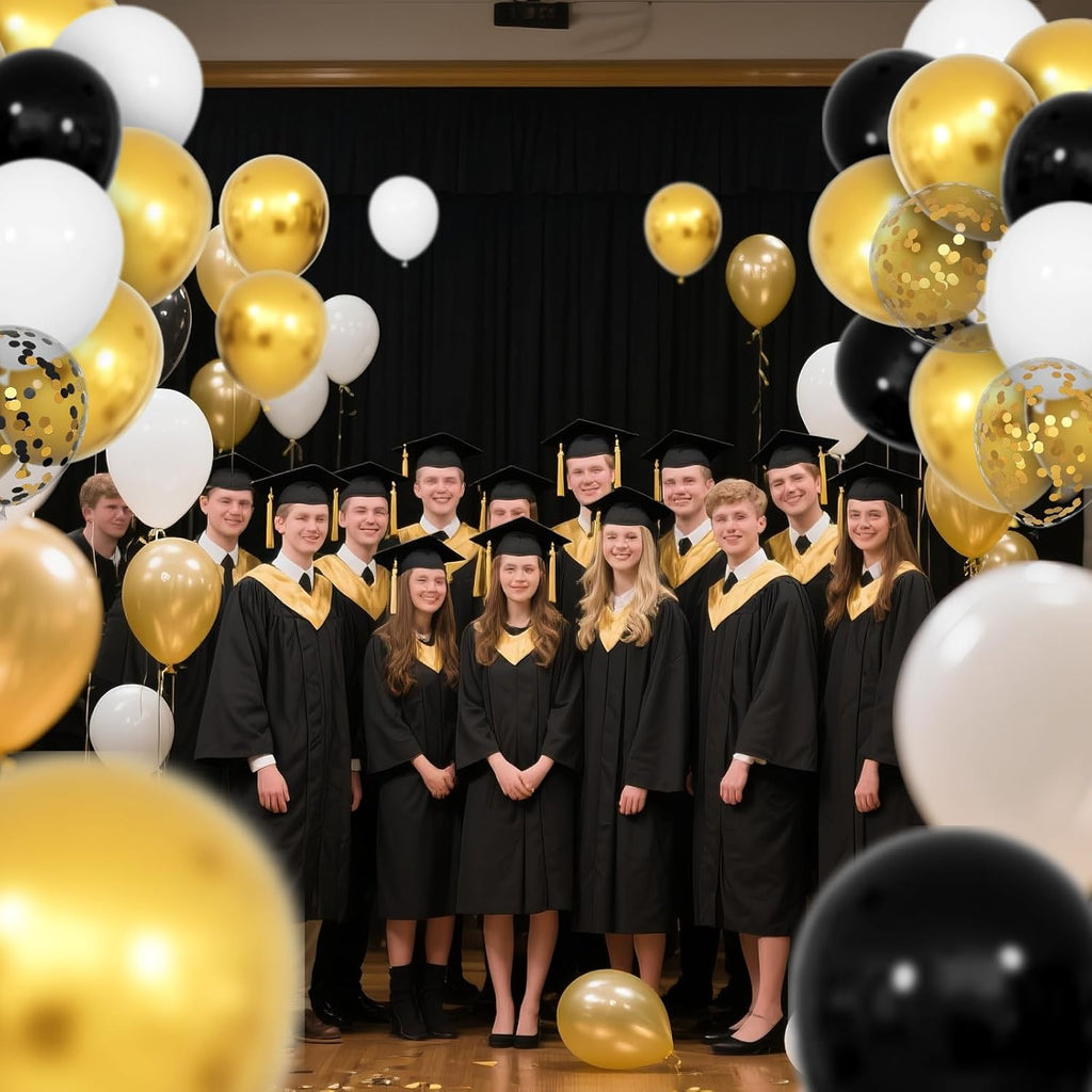 68-Piece Elegant Balloon Set in Black, White, and Gold with 12-Inch Black and Gold Confetti Balloons for Graduation, Birthday, and Wedding Celebrations